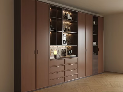Modern Brown Decorative Cabinet With Doors Open Shelves Drawers Built in Lighting And Ornaments 3d model