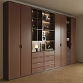 Modern Brown Decorative Cabinet With Doors Open Shelves Drawers Built in Lighting And Ornaments
