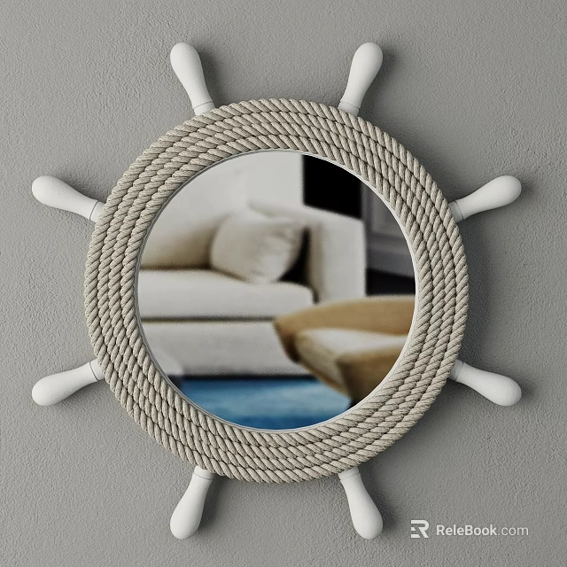 Round Mirror With Rope Wrapped Frame And Ship Wheel Design Reflecting Sofa And Carpet 3d model