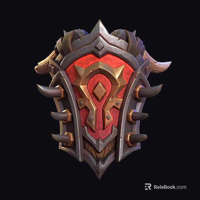 Intricate Fantasy Shield With Red Gold Decoration Metallic Spikes And Horns 3d model 
