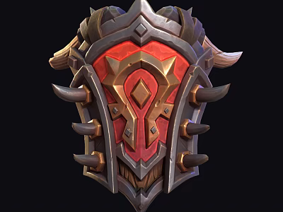 Intricate Fantasy Shield With Red Gold Decoration Metallic Spikes And Horns 3d model