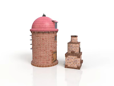 Brick Building Models Featuring Red Dome Tower And Small Chimney Structure 3d model