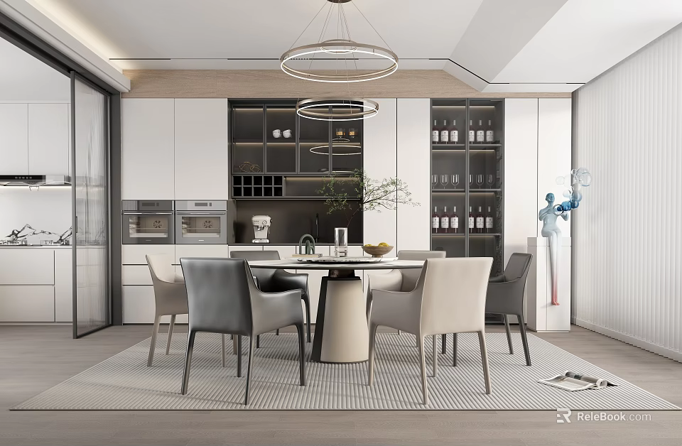 Modern Restaurant Interior With Open Layout Pendant Lights Dining Table And Wine Cabinets 3d model