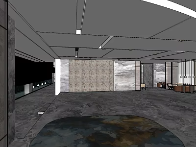 Hotel Lobby Interior Design with Modern Ceiling Lights Textured Stone Wall and Large Area Rug 3d model