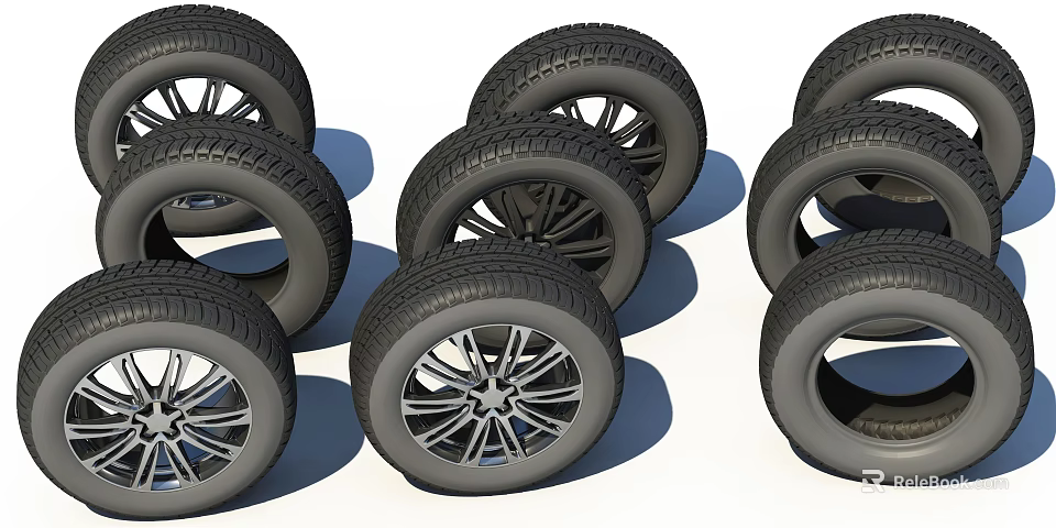 Multiple Car Tires With Alloy Wheels And Tread Pattern Stacked Design 3d model 