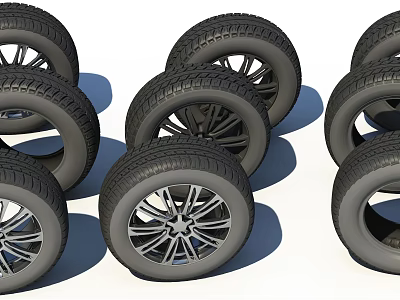 Multiple Car Tires With Alloy Wheels And Tread Pattern Stacked Design 3d model