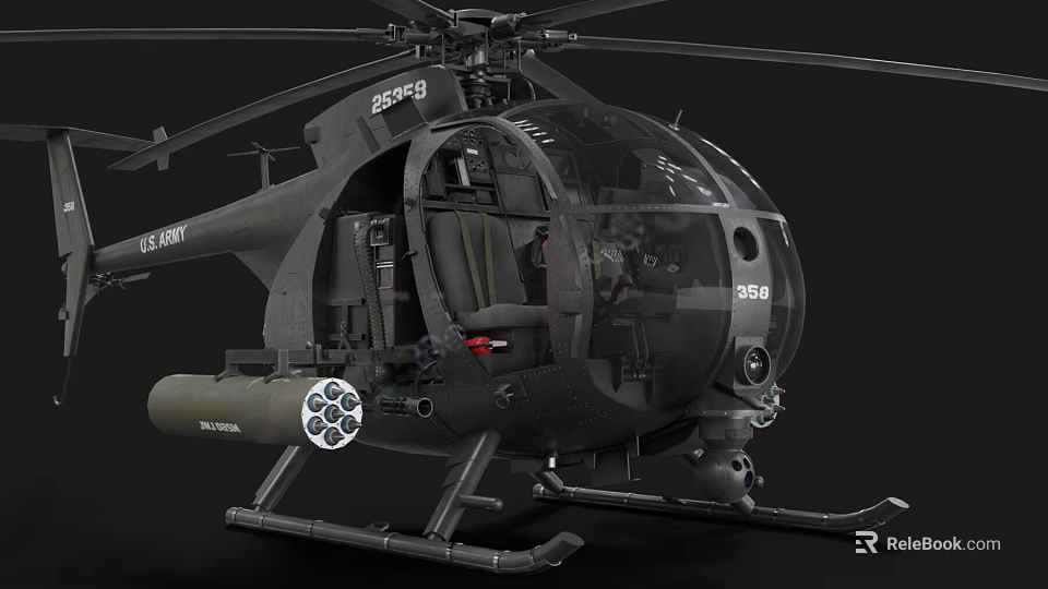 US Army Military Helicopter Equipped With Rocket Launcher Transparent Cockpit And Interior Seats 3d model 