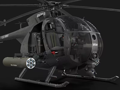 US Army Military Helicopter Equipped With Rocket Launcher Transparent Cockpit And Interior Seats 3d model