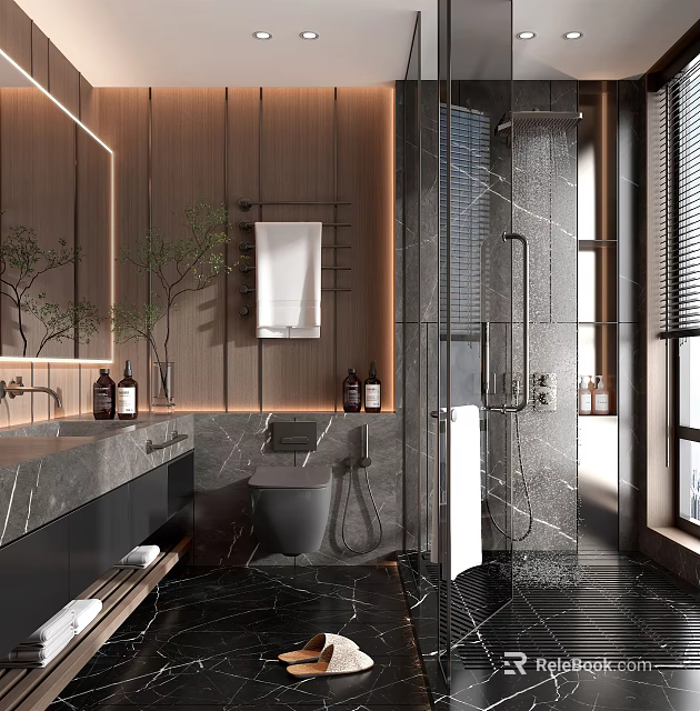 Modern Bathroom Interior Design With Marble Walls And Glass Shower Enclosure 3d model 