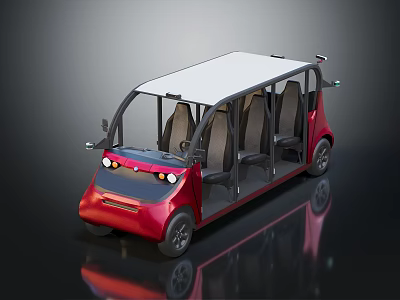 Red Electric Shuttle Vehicle With White Roof Open Side And Multiple Seats 3d model