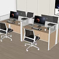 Modern Office Desks With Computer Monitors In Partitioned Workstations And Ergonomic Chairs 3d model