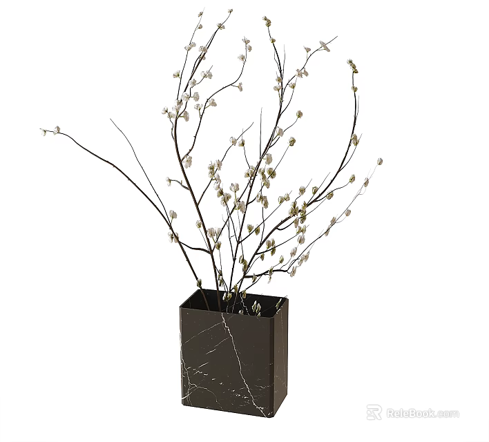 Elegant Black Square Vase With White Small Flowers And Branches Decoration 3d model 