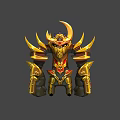 Horned Mythical Warrior Creature In Golden Armor With Red Accents And Intricate Details