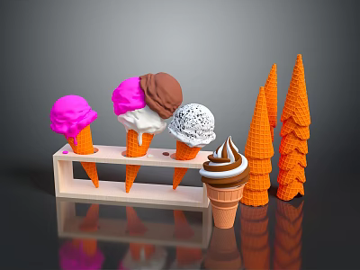 Colorful Ice Cream Cones With Various Flavored Scoops And Empty Cones On 3d model