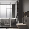 Modern Bathroom Interior Design With Freestanding Bathtub Glass Partition And Vanity