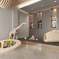 Children's Play Area With Wavy Wooden Ceiling Gray Walls Display Shelves And Giraffe Toy