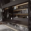 Modern Dark Decorative Wall Cabinets With Art Books And Sculptures