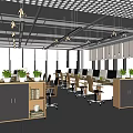 Modern Public Office Space With Open Layout Workstations Ceiling Lighting Large Windows And Green Plants 3d model