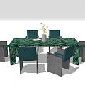 Green Marble Dining Table Set With Dark Blue Chairs Metal Legs Vase And Book