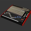 Professional Commercial Audio Mixer with Multiple Control Knobs and Faders on Panel Red Black Design