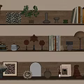 Decorative Ornament Combinations on Wooden Shelves with Vases Sculptures Books Photo Frames Plants and Lamp