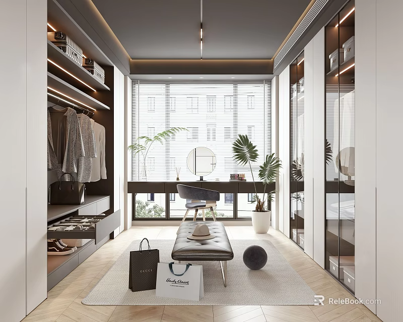 Modern Walk-in Closet Interior Design With Open Cabinets Mirror Bench Plants And Window 3d model 
