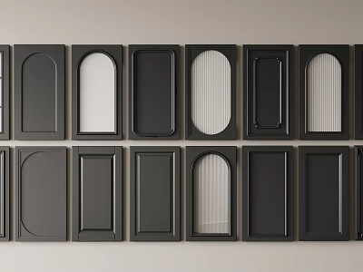 Black Door Panels With Various Shapes Arranged On White Wall 3d model