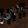 Assorted Food And Drinks Display With Fresh Fruits Desserts And Cocktails On Dark Wooden Table