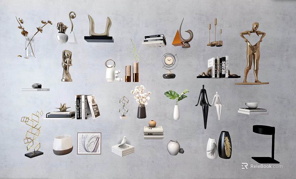 Modern Ornamental Decor Sets With Sculptures Vases Books Lamps And Plants 3d model 