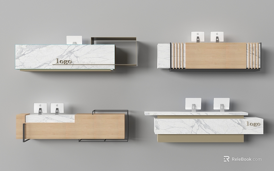 Modern Reception Desk Interior Design With Marble Wooden Surfaces And Logo 3d model 