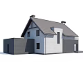 Detached Villa Exterior With Gabled Tile Roof Brick Stone Walls Balcony And Garage
