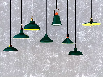 Modern Green Pendant Lights With Multiple Designs Hanging On Gray Wall Background 3d model