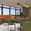 Modern Restaurant Interior Design With Red Chairs Green Booths And Large Windows
