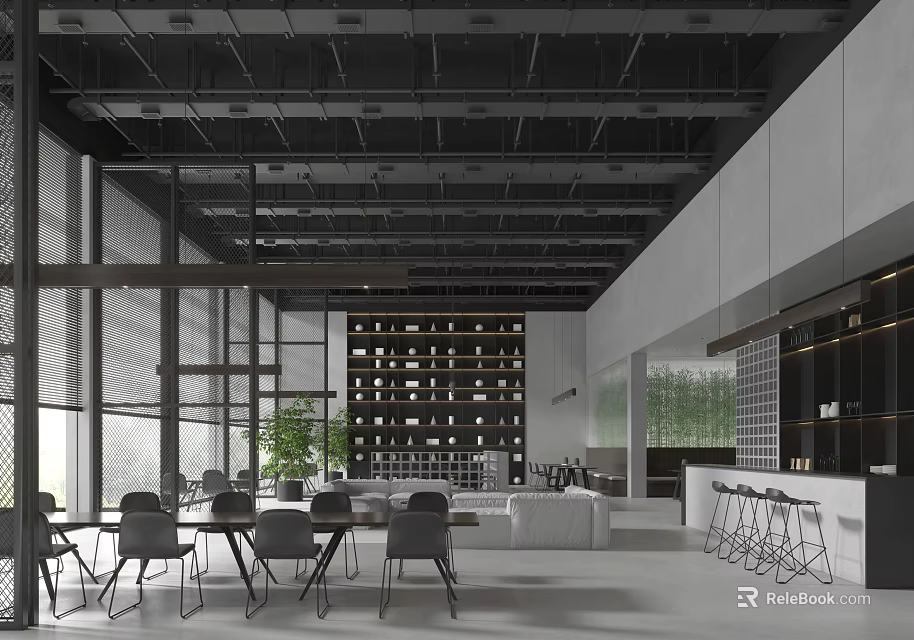 Modern Restaurant Interior Design With Open Kitchen And Dining Area 3d model 