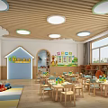 Modern Kindergarten Classroom With Wooden Ceiling Round Lights Tables Chairs Bookshelves And Toys