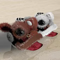 Brown and White Fluffy Lion Dance Dolls with Red Decorations and Reflections on Wooden Surface