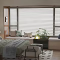 Cozy Bay Window With Wooden Blinds Decorative Pillows And Potted Plant In Bedroom