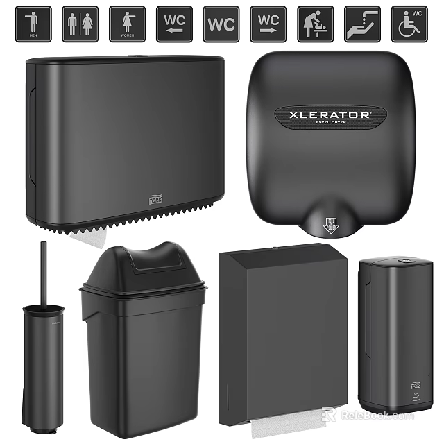 Black Public Restroom Facilities Featuring Hand Dryer Trash Bin Paper Towel Dispenser Toilet Brush Holder 3d model 