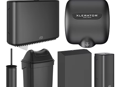 Black Public Restroom Facilities Featuring Hand Dryer Trash Bin Paper Towel Dispenser Toilet Brush Holder 3d model