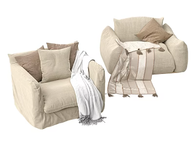 Beige Linen Sectional Sofa With Plush Pillows And Cozy Throw Blanket 3d model