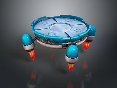 Futuristic Blue Circular Hover Platform With Four Rocket Thrusters And Red Flames 3d model