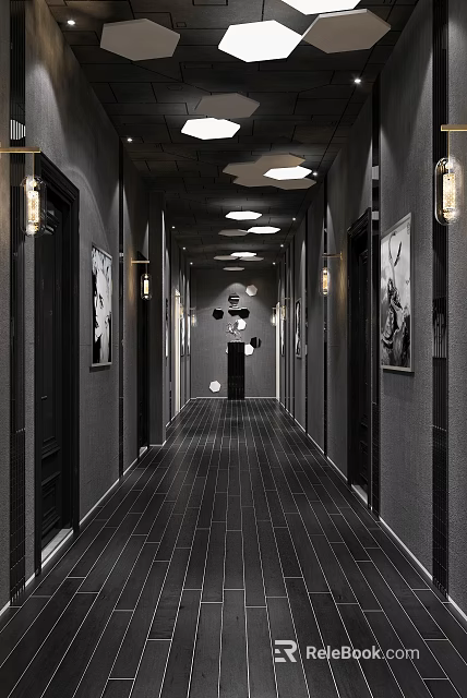 Modern Elevator Hallway Interior Design With Black Doors Gray Walls And Lighting Fixtures 3d model 