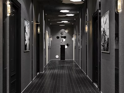 Modern Elevator Hallway Interior Design With Black Doors Gray Walls And Lighting Fixtures 3d model