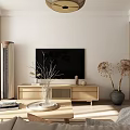 Modern Living and Dining Room Interior With TV Stand Sofa Coffee Table And Wall Decor