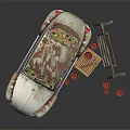 Vintage White Beetle Car Decorated With Pink Red Flowers Wooden Table Red Pots And Easel