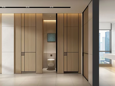 Modern Public Restroom Interior Design With Wooden Partitions Marble Walls And City View 3d model