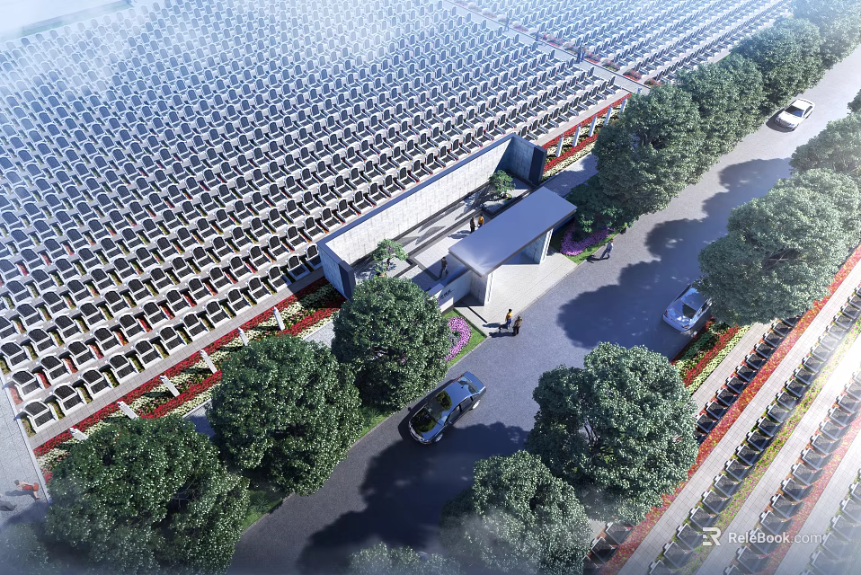 Aerial View Of Solar Power Plant With Trees Roads And Cars 3d model 