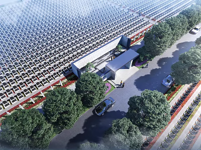 Aerial View Of Solar Power Plant With Trees Roads And Cars 3d model