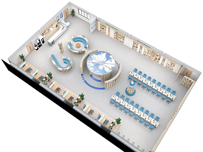Cultural Center Interior Design With Circular Table Curved Seats Reading Area And Bookshelves 3d model