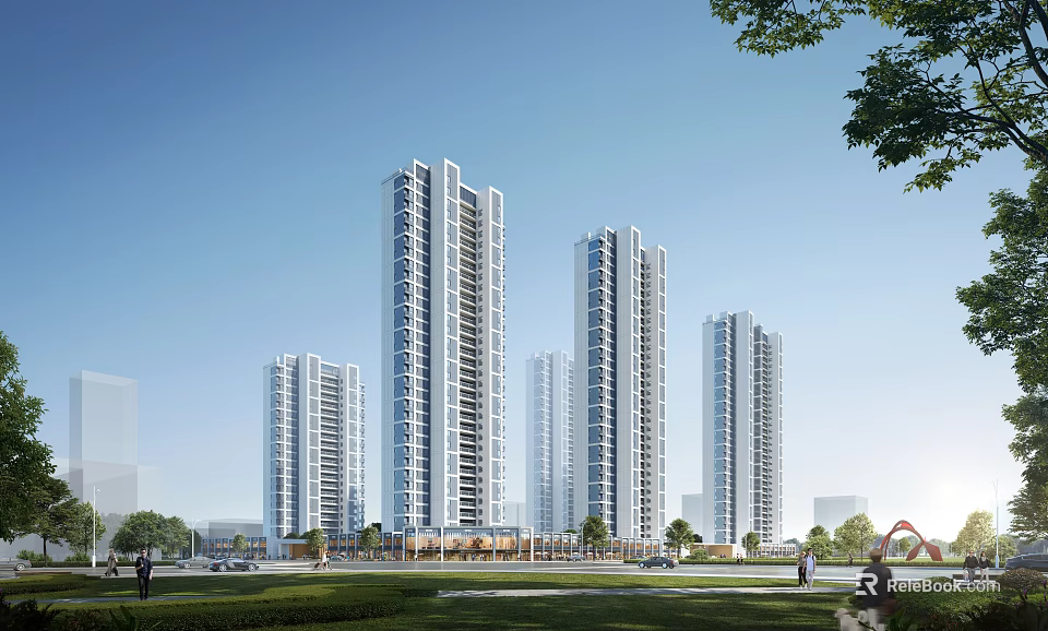 Modern High Rise Residential Building Exterior With Green Lawn Trees And Blue Sky 3d model 